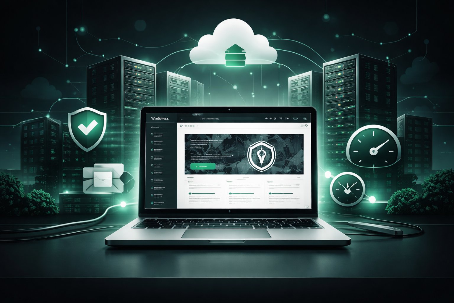 Laptop zeigt WordPress-Website, umgeben von abstrakten Servern und Cloud-Netzwerk, Icons für Backup, Sicherheit und Performance, professionelles Hosting-Setup